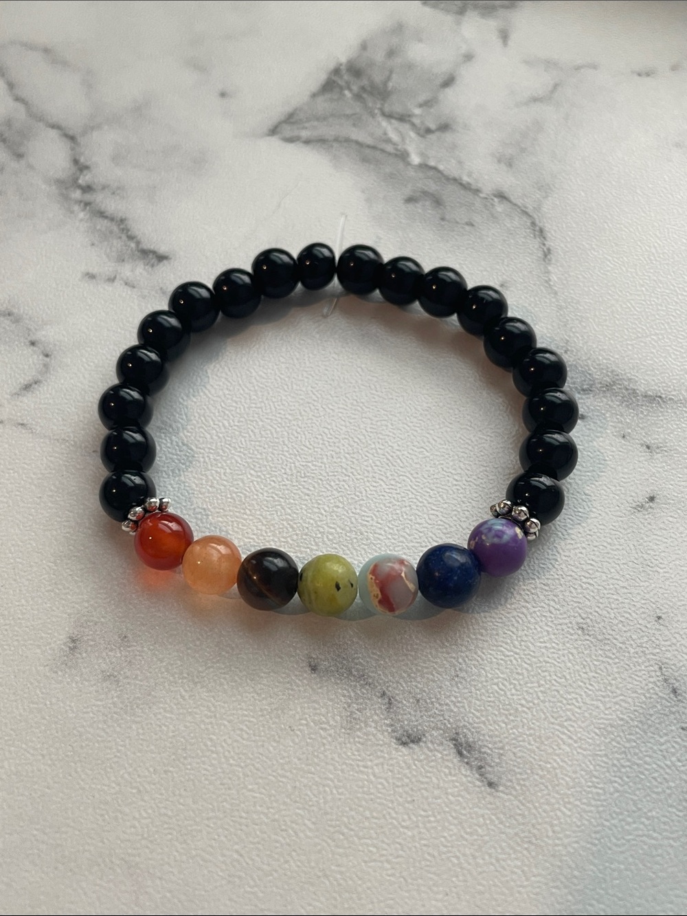 Natural stone, hand beaded elastic bracelet. 5 inches